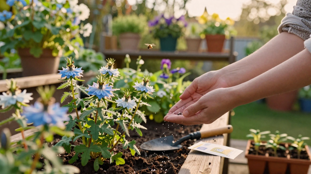 Hands sprinkling seeds over soil in a raised garden bed with blooming blue and white flowers.
