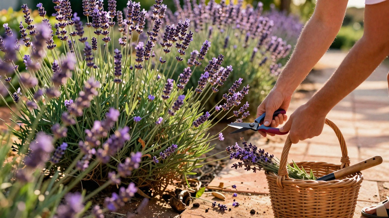 Person harvesting fresh lavender with garden shears into a wicker basket on a sunny patio path.