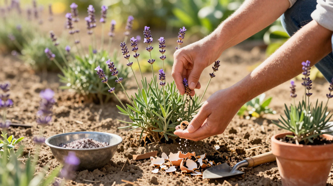 Hands sprinkling crushed eggshells around lavender plants in a sunny garden with gardening tools nearby.