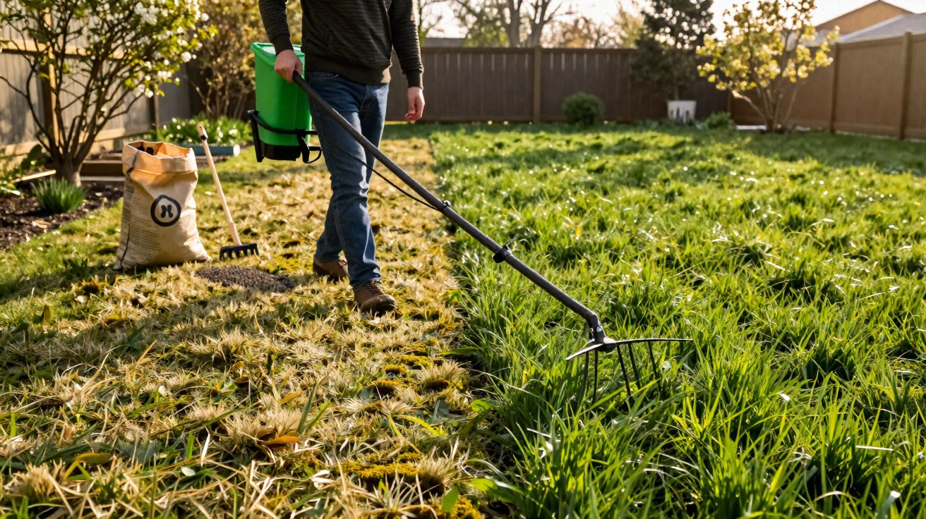Person aerating a lawn in a backyard with gardening tools and a bag of soil nearby.