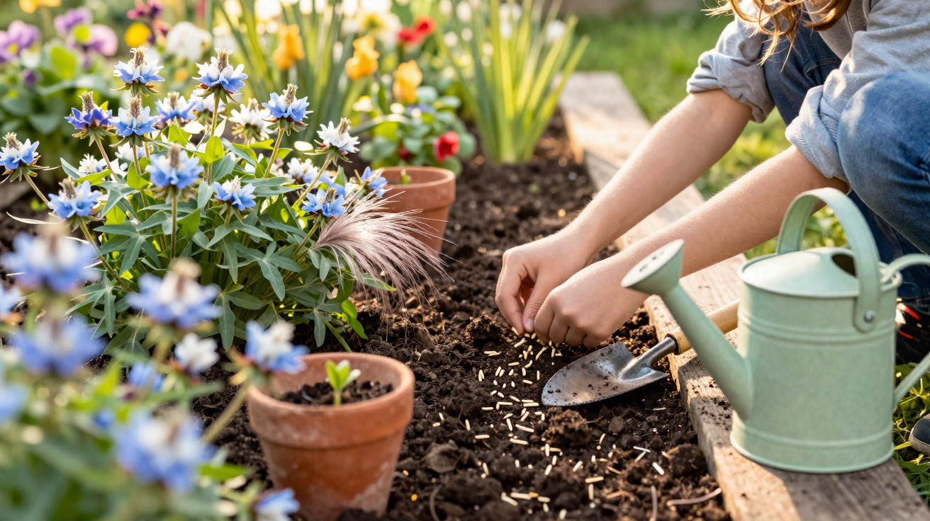 Person sowing seeds in soil beside blue and yellow flowers with a green watering can nearby in garden bed.