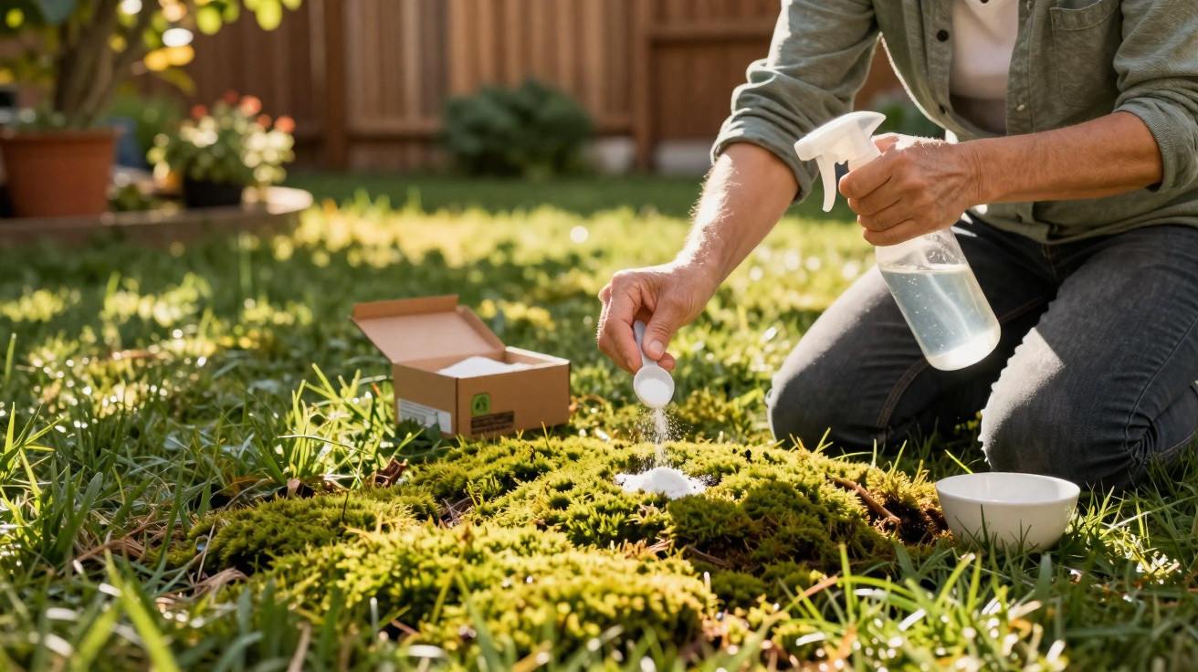 Person kneeling on grass applying white powder and spray to moss in a garden on a sunny day.