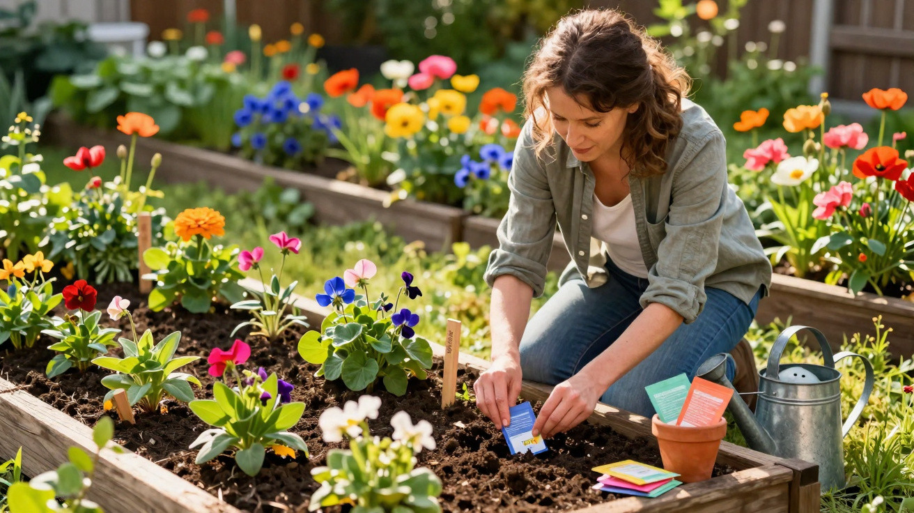 Woman planting seeds in a raised garden bed surrounded by colourful flowering plants in a backyard garden.