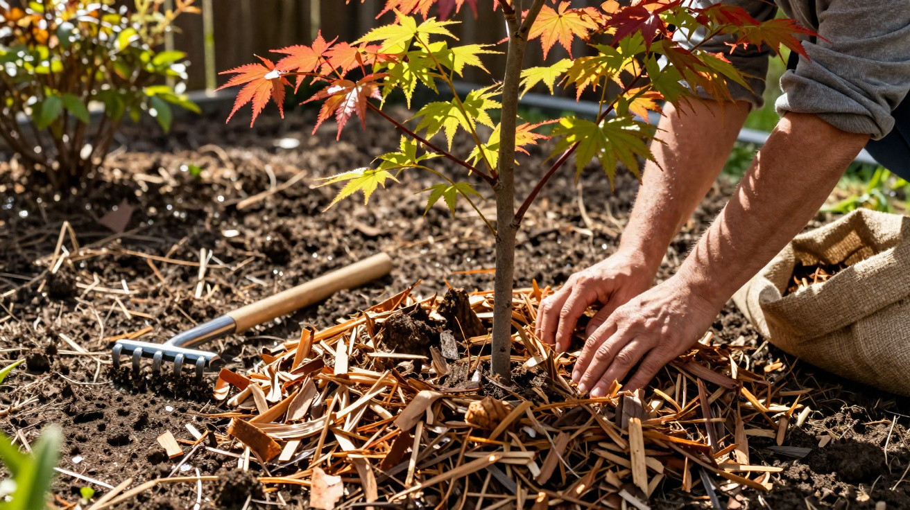 Hands spreading mulch around the base of a young tree with autumn leaves in a garden bed.