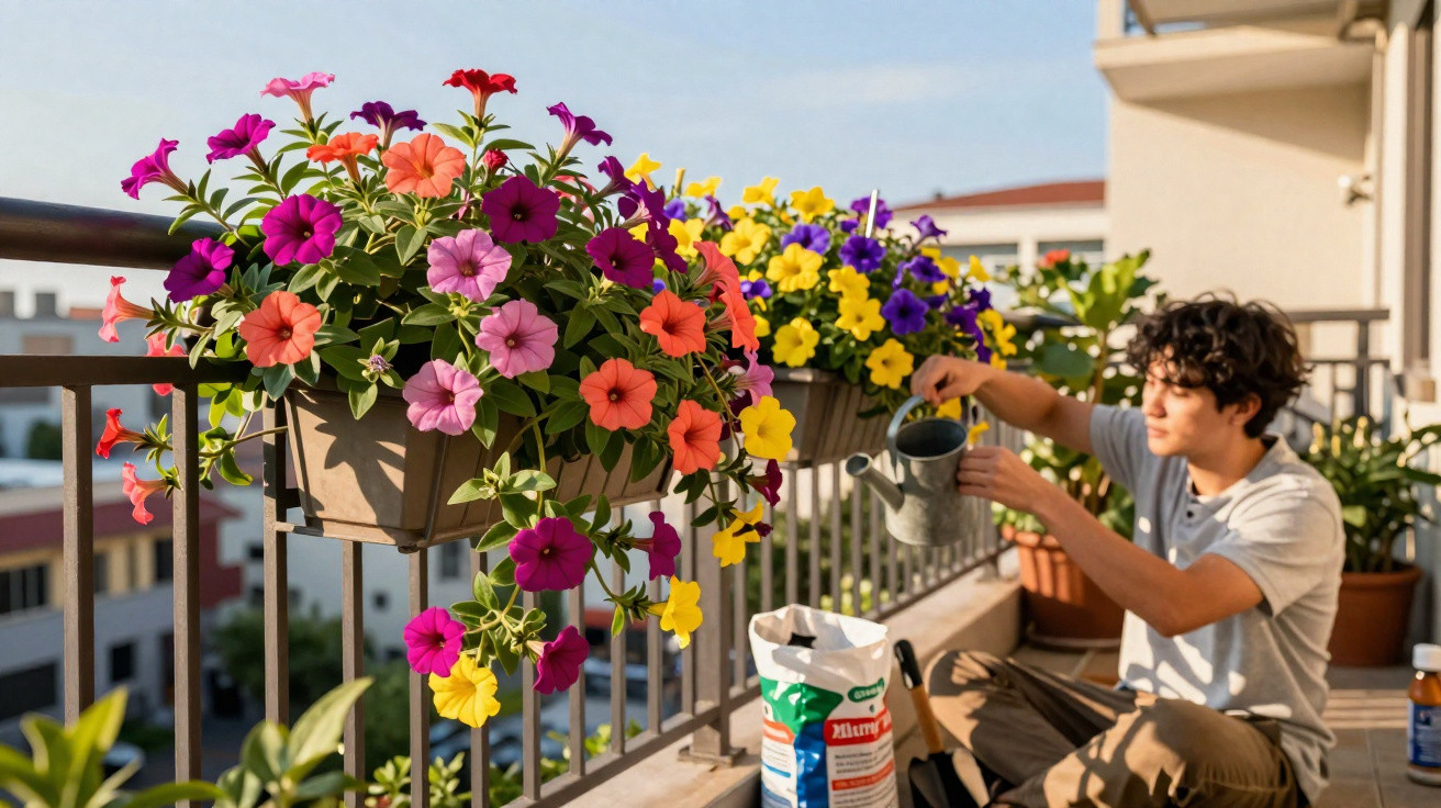 Person watering vibrant petunias and pansies in pots on a sunny balcony railing.
