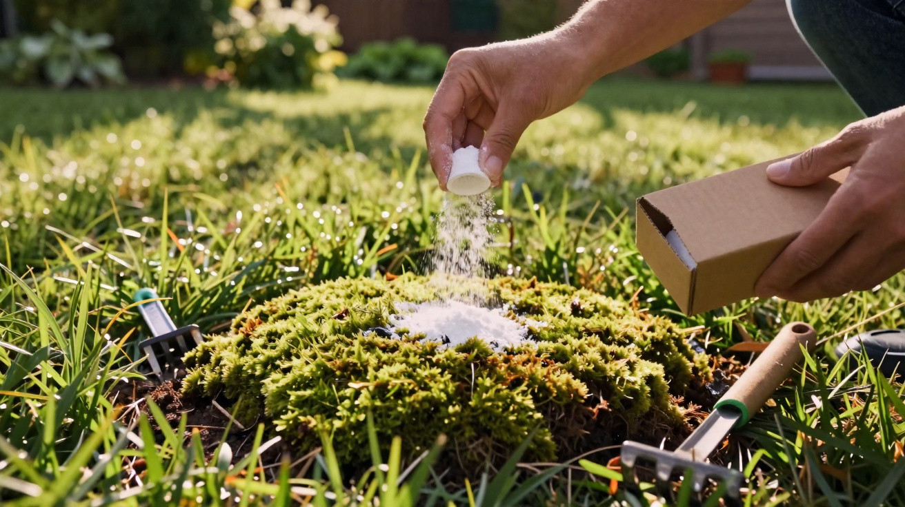 Person sprinkling white powder fertilizer onto a moss-covered patch in a grassy garden.