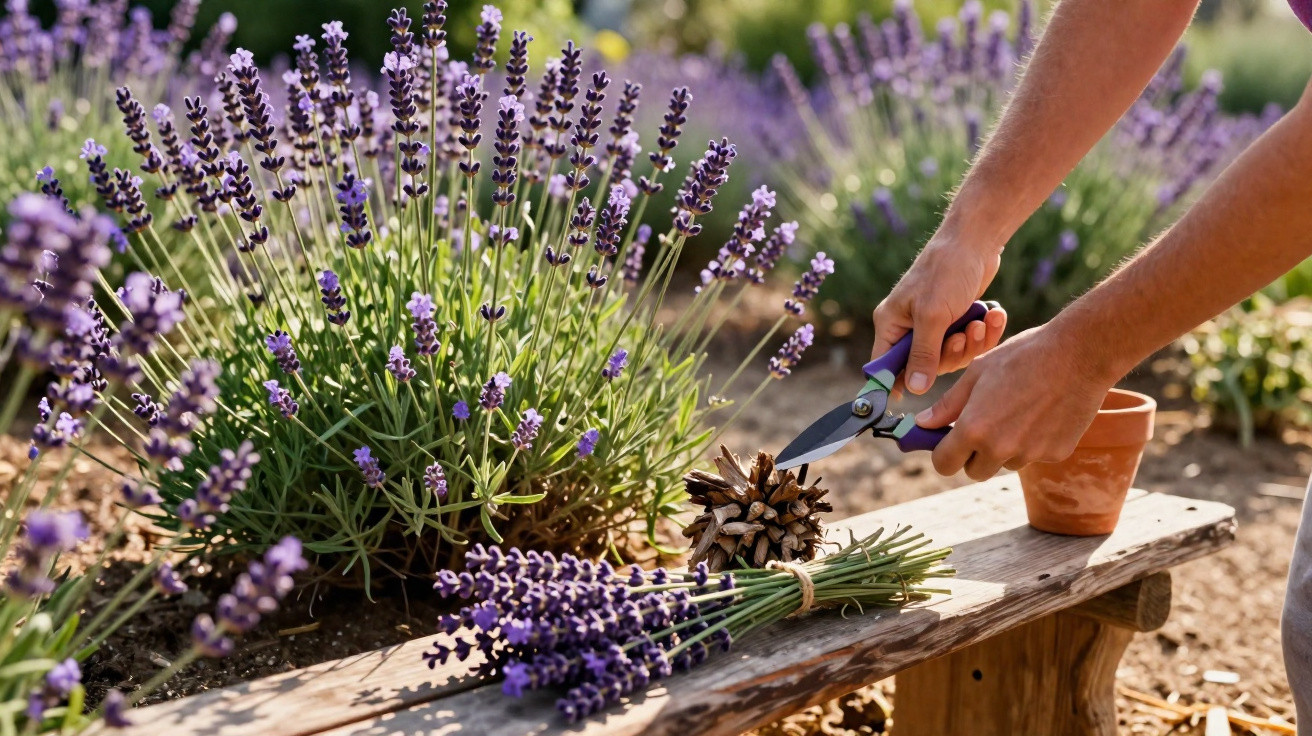 Hands trimming lavender flowers with scissors on a wooden bench in a sunlit garden.