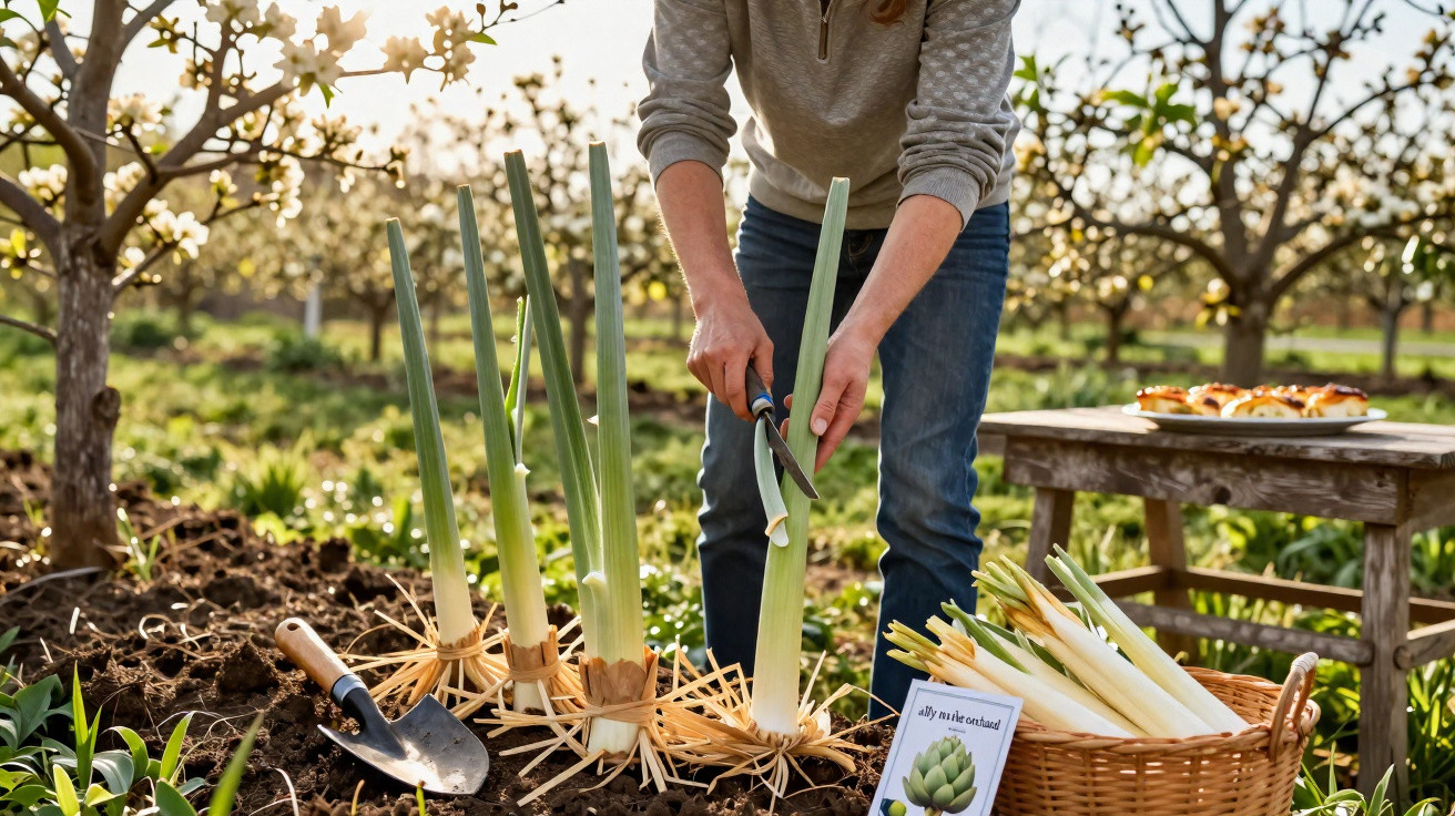 Person harvesting white asparagus in a garden with a basket and gardening tools nearby.