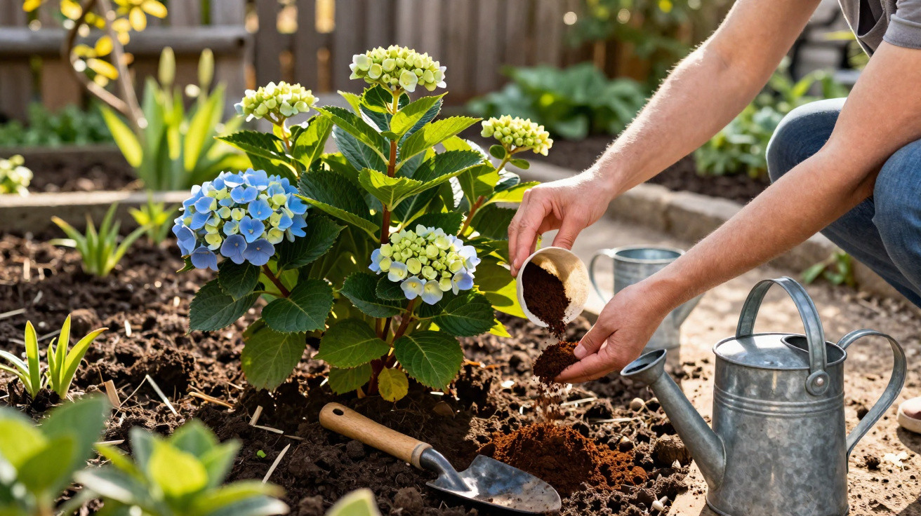 Person planting a hydrangea bush in a garden bed with gardening tools and watering cans nearby.