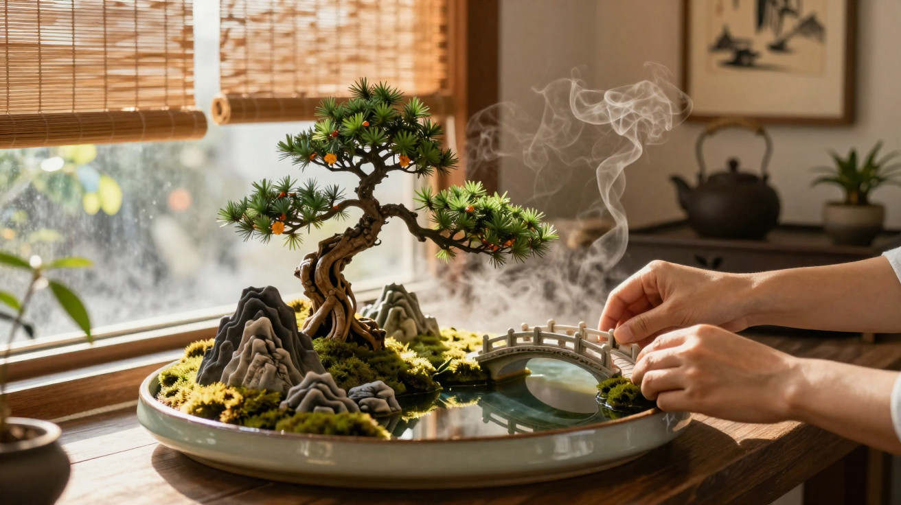 Hands tending to a miniature bonsai landscape with a tree, rocks, bridge, and steam on a wooden table.
