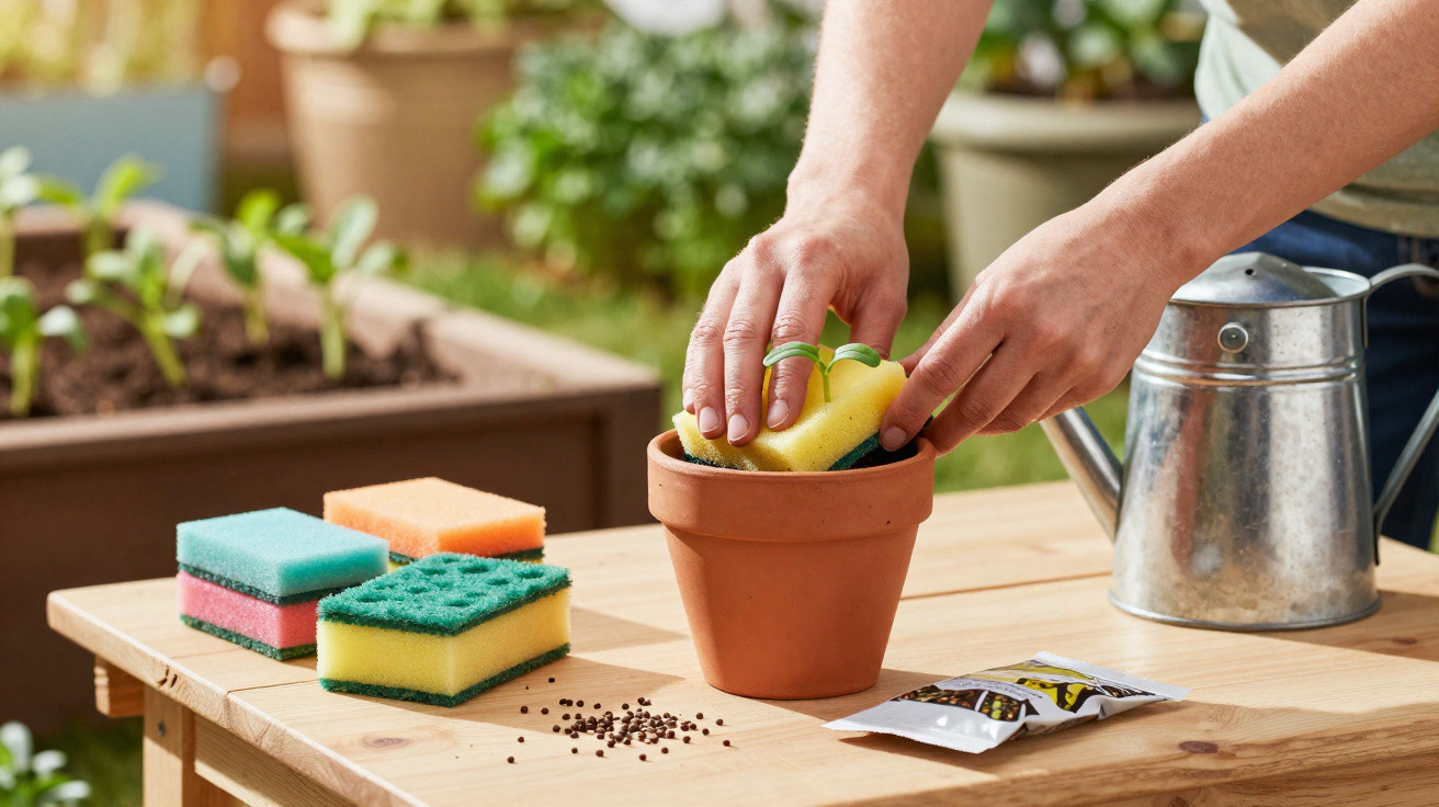 Person planting seedling in a terracotta pot using a sponge, with watering can and seed packets on wooden table.