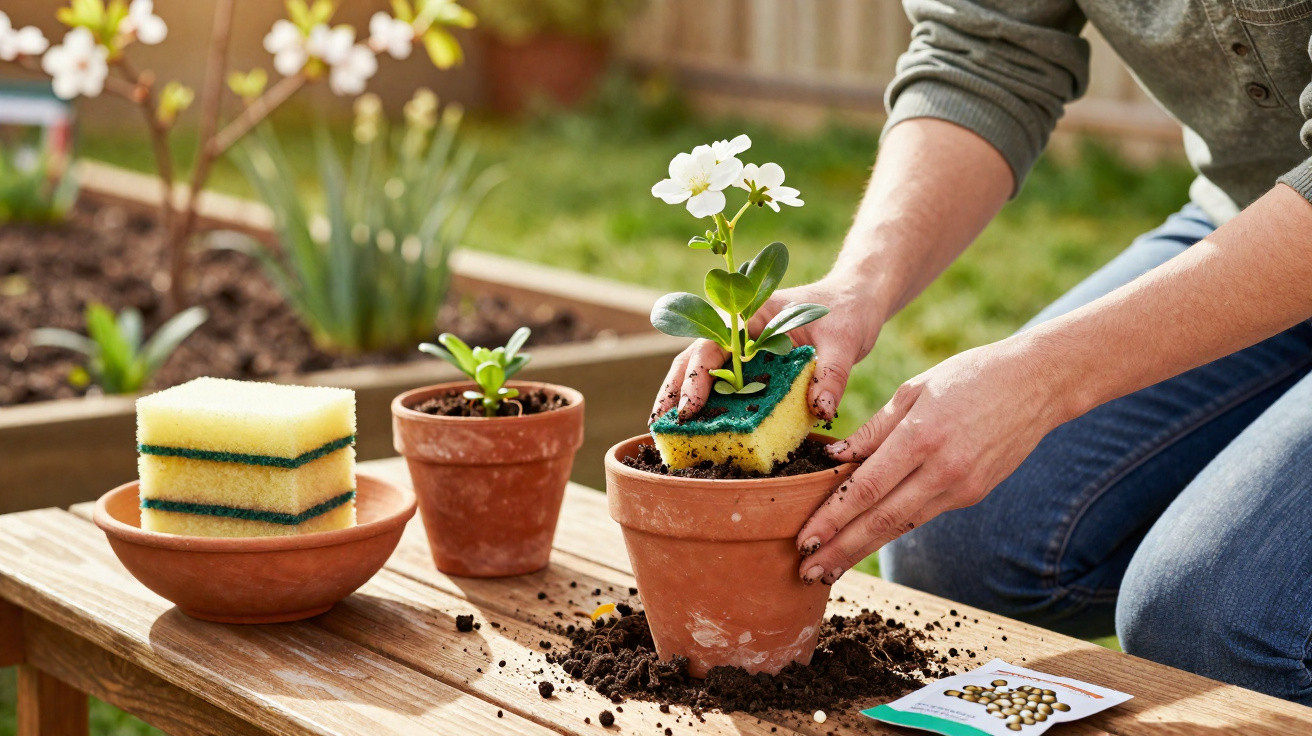 Person cleaning a small plant in a terracotta pot with a sponge outdoors on a wooden table.