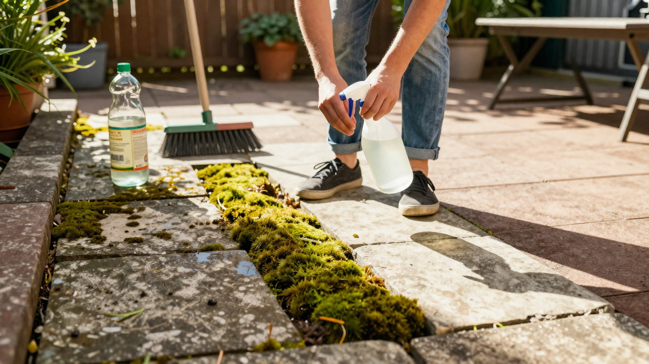 Person spraying liquid to remove moss between stone patio slabs on a sunny day.
