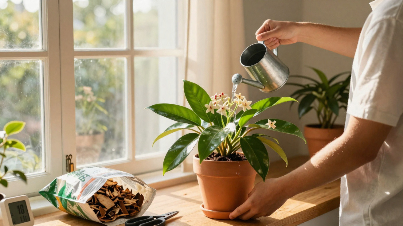 Person watering a potted green plant with white flowers on a sunlit wooden windowsill.
