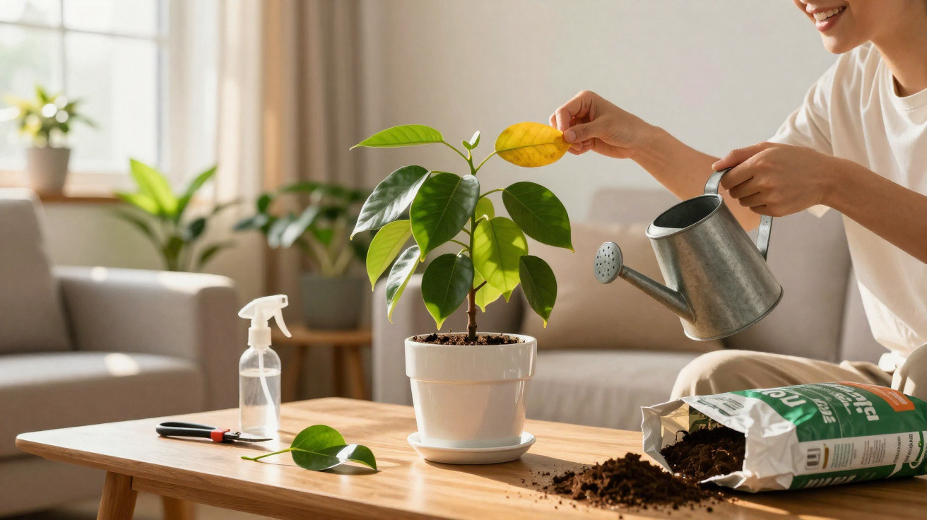 Person watering a potted plant on a wooden table with soil and gardening tools nearby in a living room.