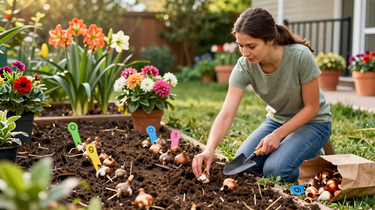 Woman planting labelled flower bulbs in a garden bed with colourful flowers in pots nearby.