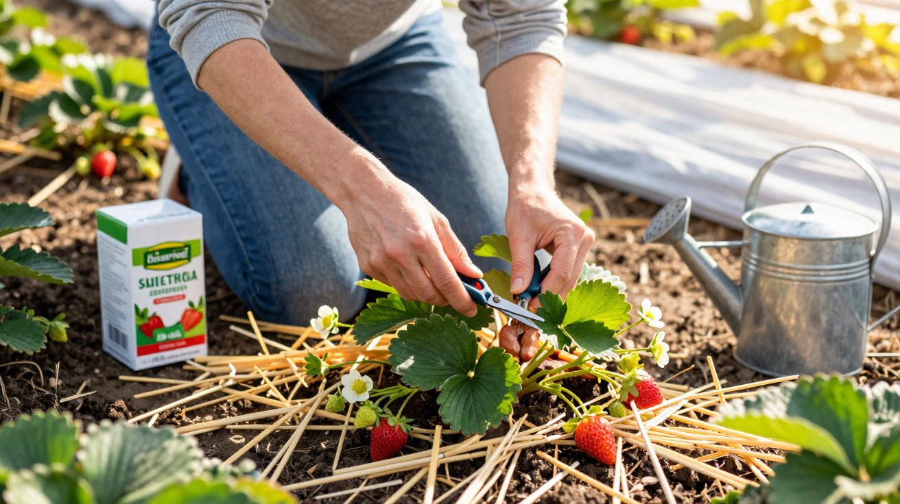 Person pruning strawberry plants with scissors in a garden bed with watering can and fertiliser nearby.