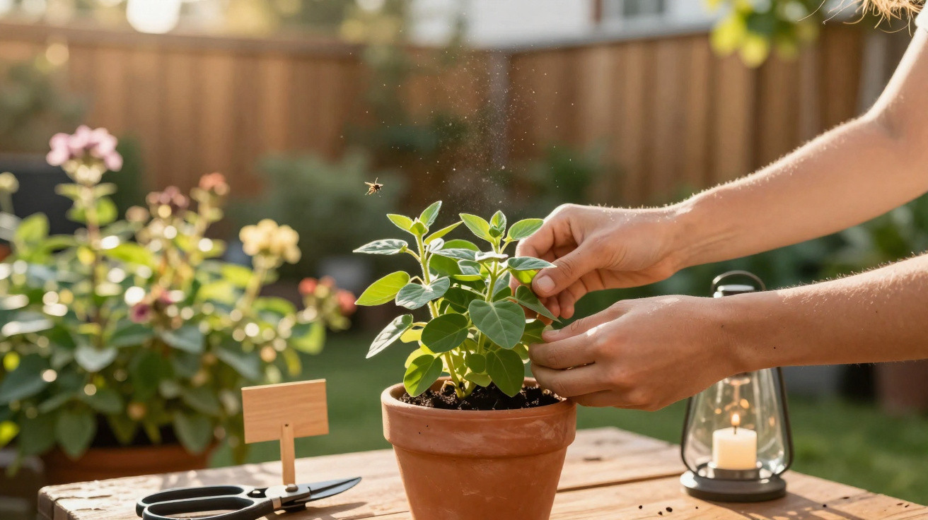 Hands tending to a potted plant on a wooden table with gardening tools and a lit lantern outdoors