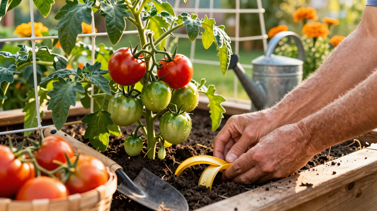 Hands planting a seedling in soil beside a tomato plant with ripe and green tomatoes in a raised garden bed.