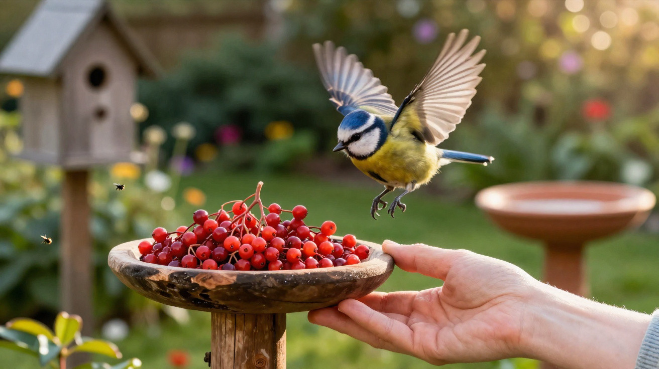 Blue tit bird flying to a hand feeding it red berries from a wooden bird feeder in a garden.