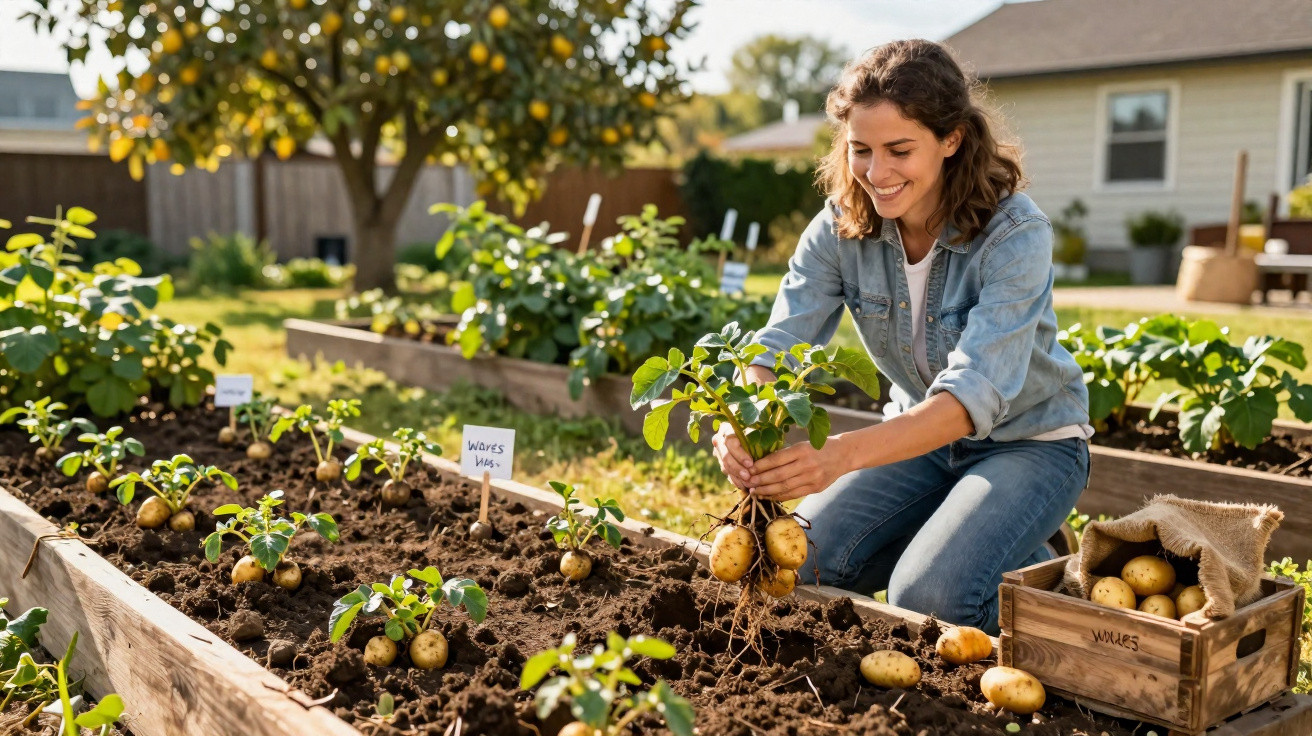 Woman harvesting potatoes in a garden bed with a wooden crate of potatoes beside her.