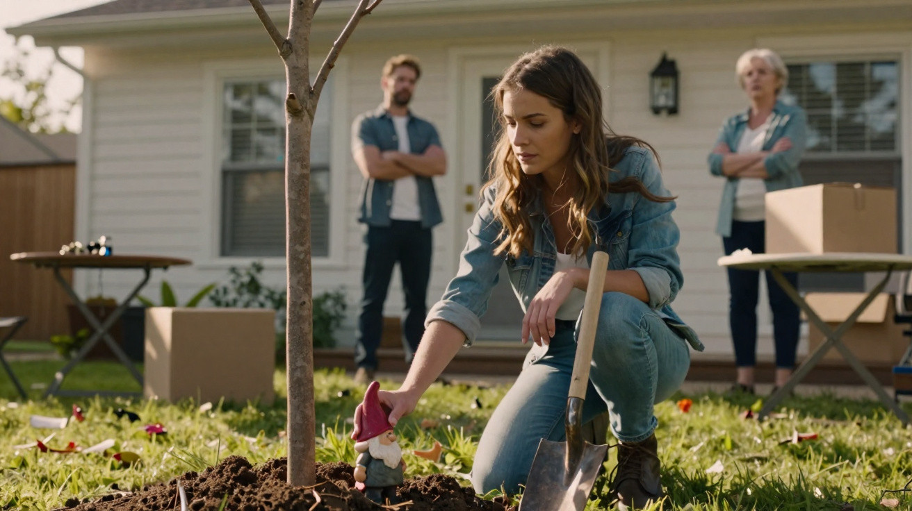 Young woman plants garden gnome near tree while two concerned people watch outside suburban house.