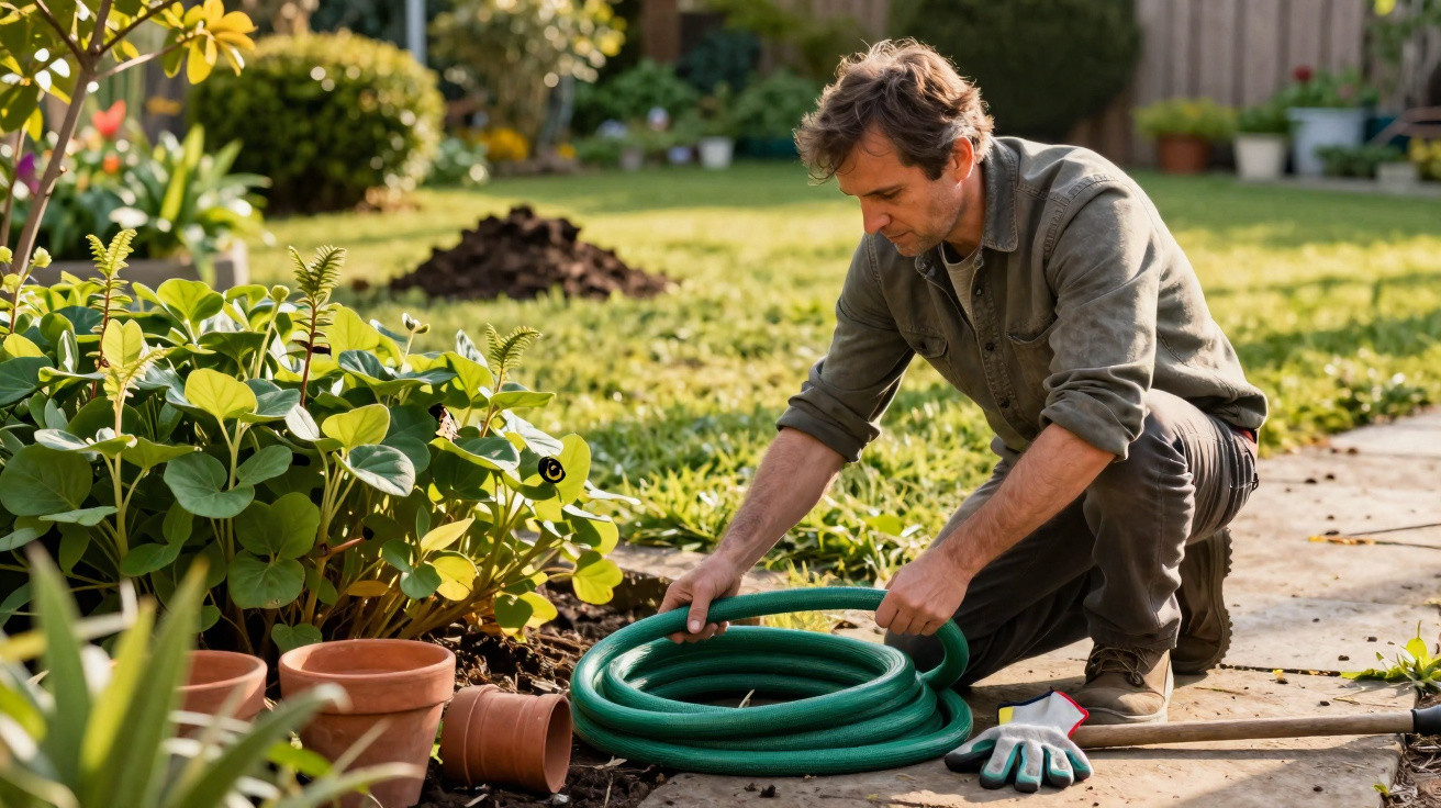 Man in casual clothes kneeling in garden, coiling a green hose beside plants and empty flower pots.