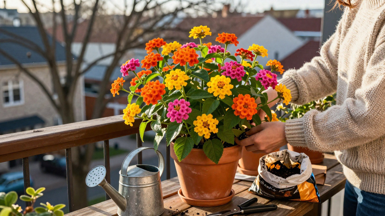 Person tending colourful lantana flowers in a terracotta pot on a wooden balcony table with gardening tools.