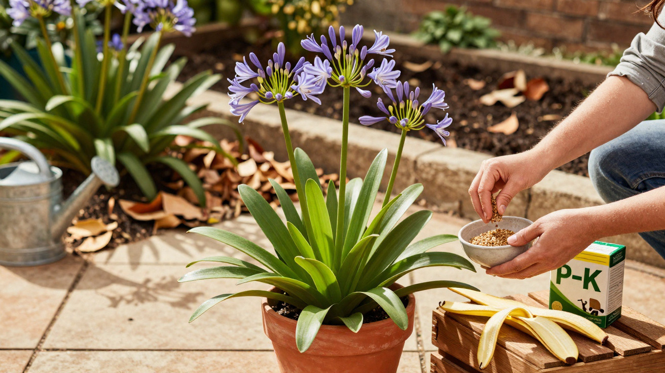 Hands applying fertiliser near a potted purple agapanthus plant on a garden patio with gardening tools.