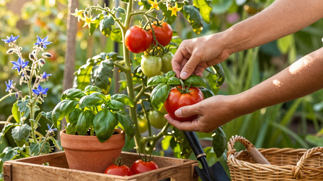 Hands harvesting ripe red tomatoes from a plant with basil and garden tools nearby in sunlight.