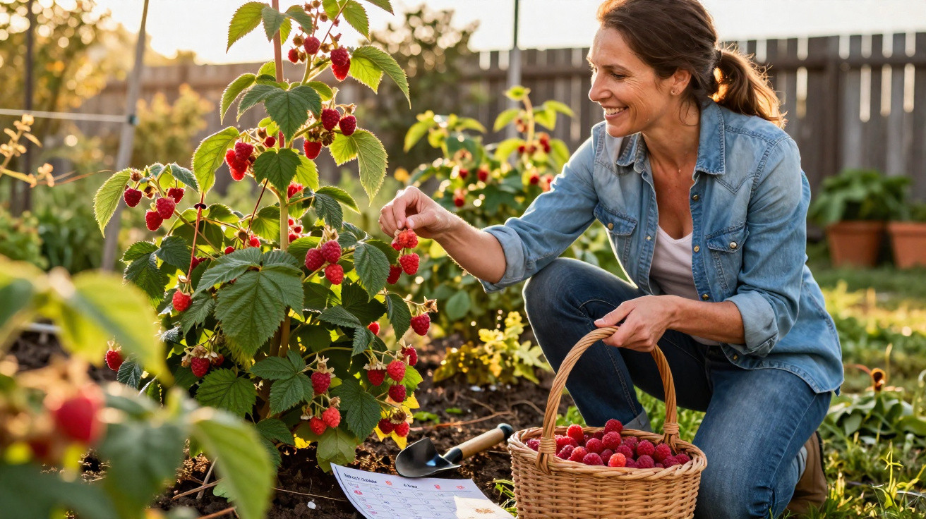 Woman harvesting ripe raspberries in garden with wicker basket and gardening tools at sunset