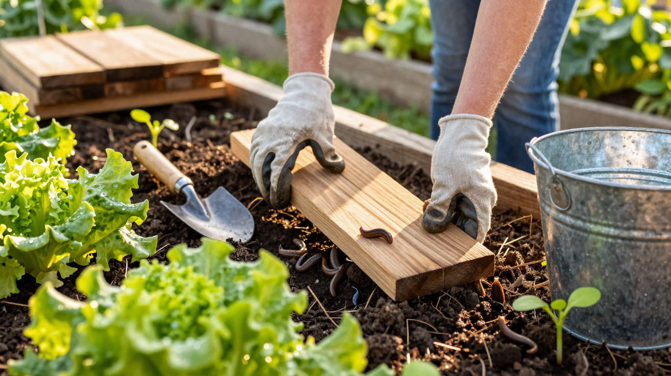 Person wearing gloves placing wooden board over soil with earthworms in a garden bed with lettuce and gardening tools.