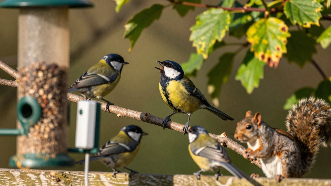 Four great tits and a grey squirrel on a garden bird feeder and branch with green leaves in the background.