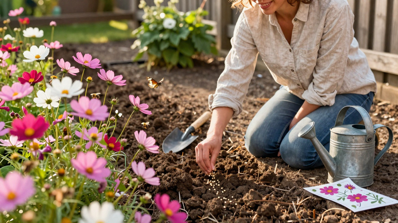 Woman planting seeds in soil beside blooming pink and white flowers with a watering can and gardening tools nearby.