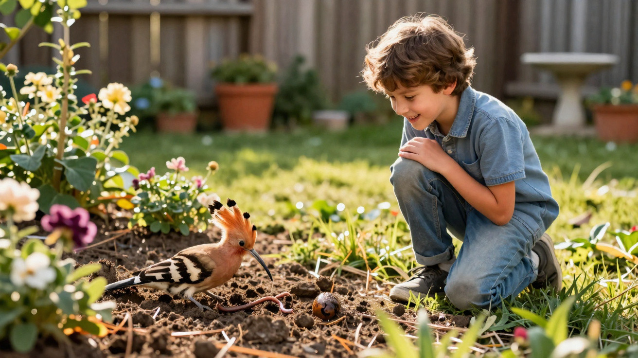 A young boy crouches in a garden watching a colourful hoopoe bird pecking at the soil near flowers.