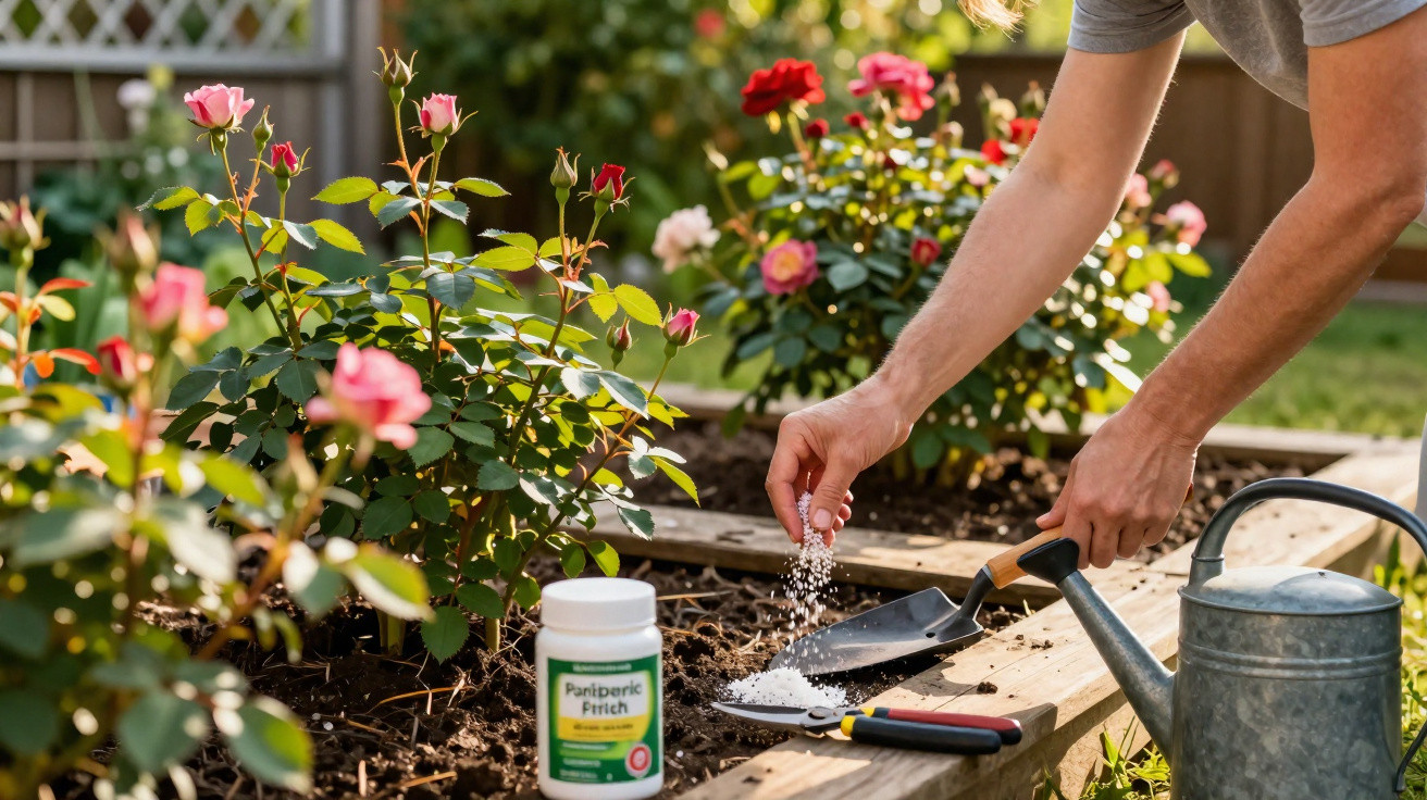 Person sprinkling fertiliser near blooming rose plants in a garden bed with gardening tools and watering can nearby