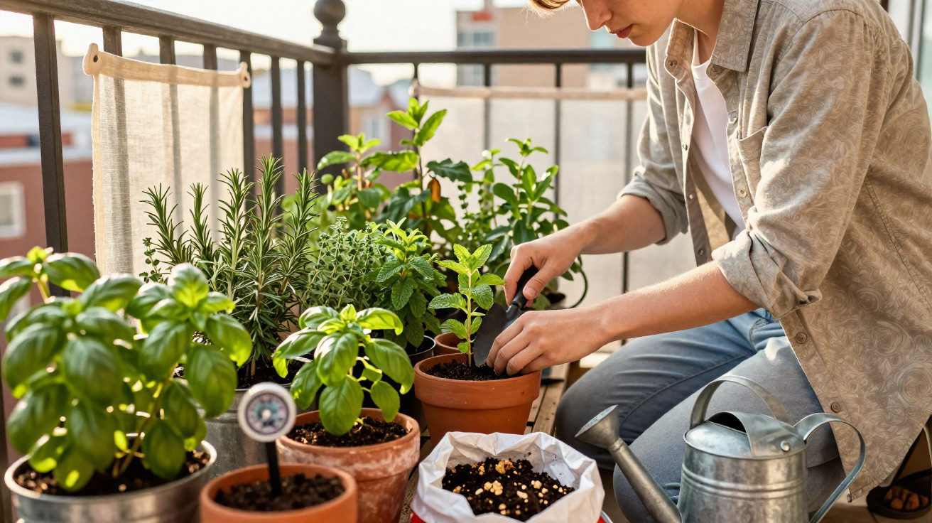 Person tending to various potted herbs on a balcony with gardening tools and soil bag nearby.