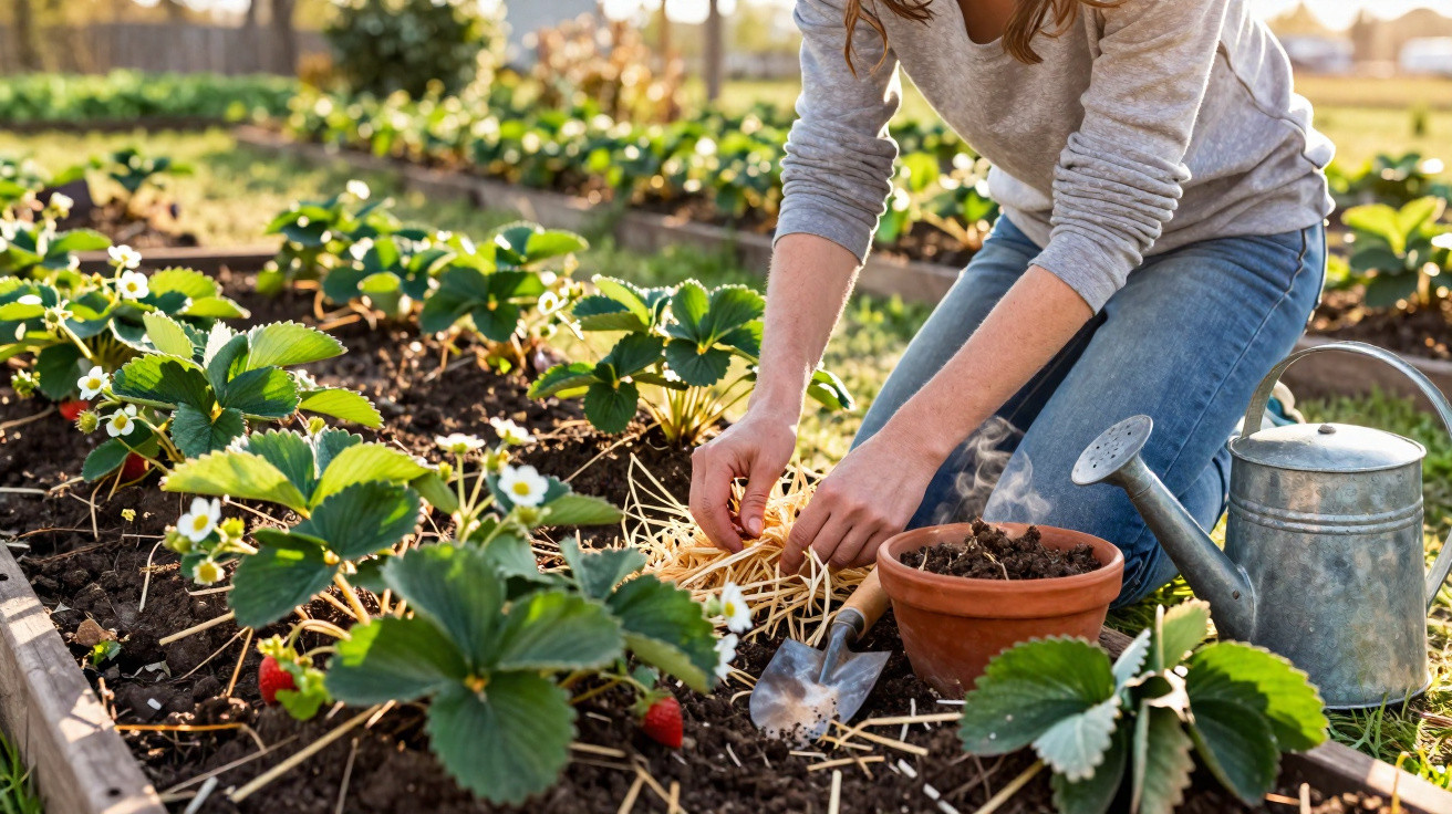 Person tending to strawberry plants in a garden bed with gardening tools and a watering can nearby.