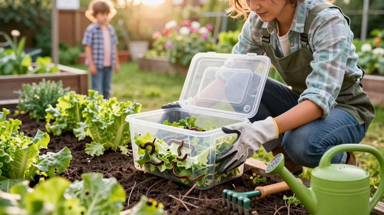 Person wearing gloves collects earthworms from a garden bed with leafy plants and gardening tools nearby.