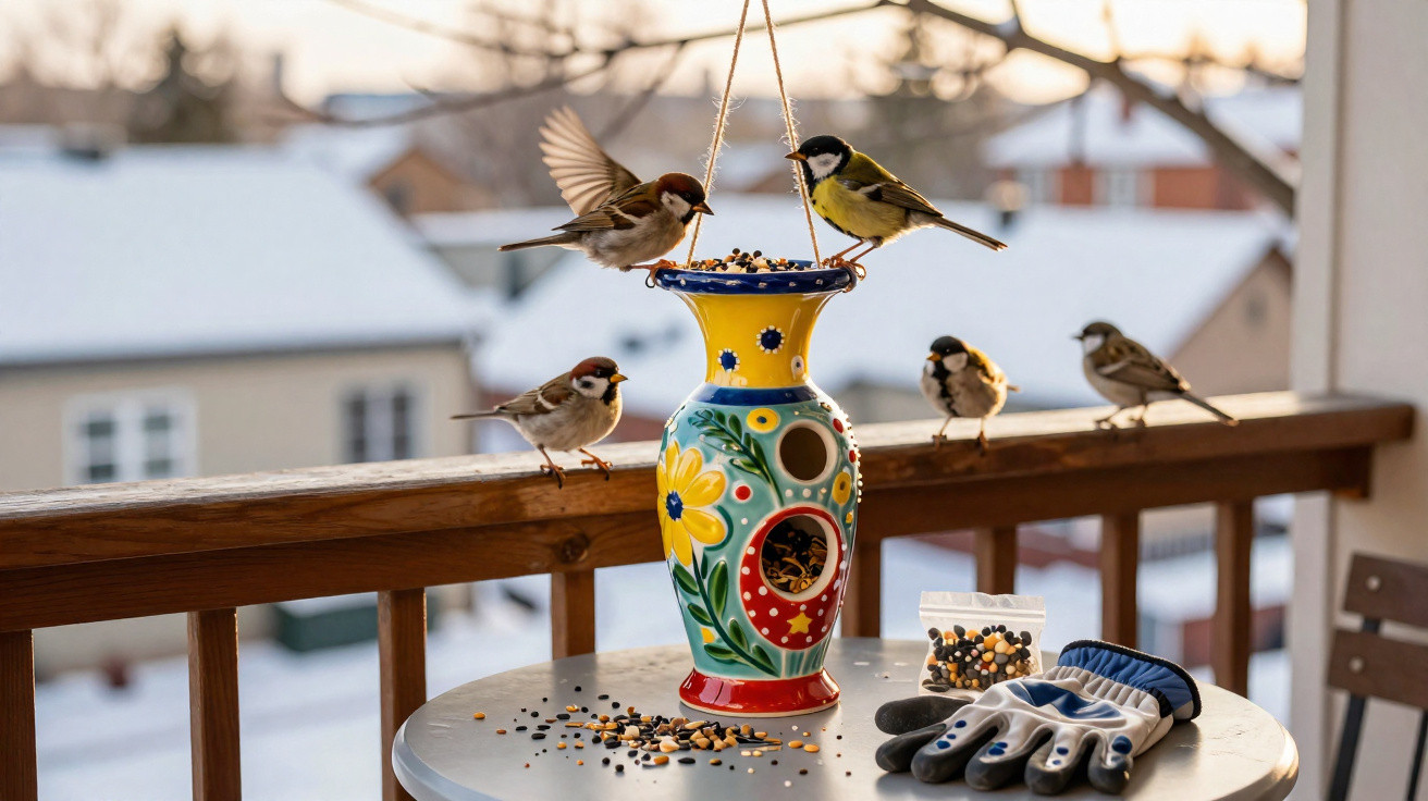Small birds feeding on seeds from a colorful ceramic bird feeder on a balcony in winter.
