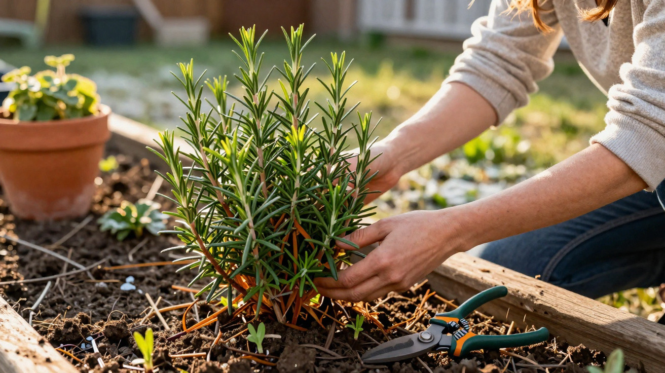 Person tending to a rosemary plant in a raised garden bed with pruning shears nearby in sunlight.