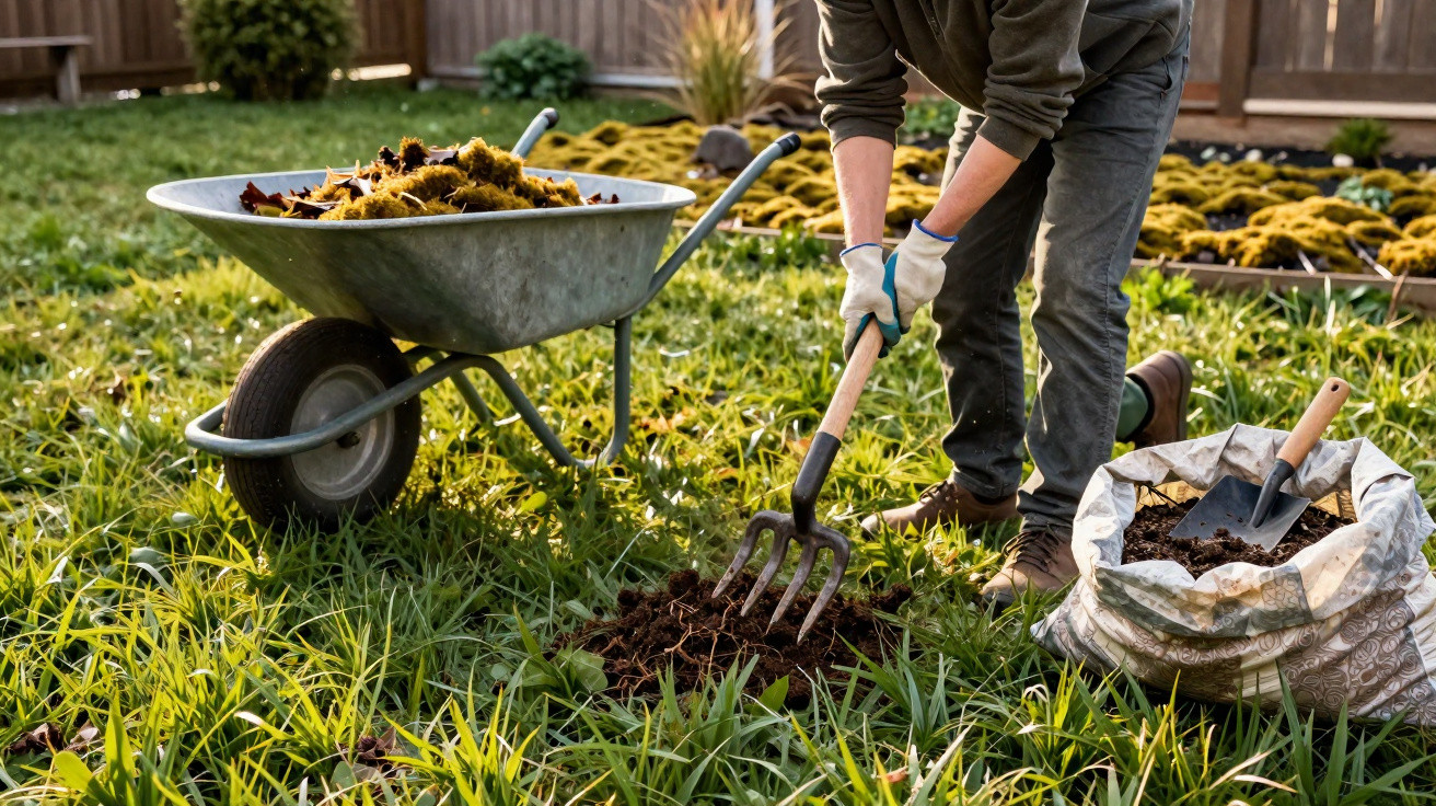 Person using a garden fork to dig soil in a grassy backyard with a wheelbarrow and filled sack nearby.