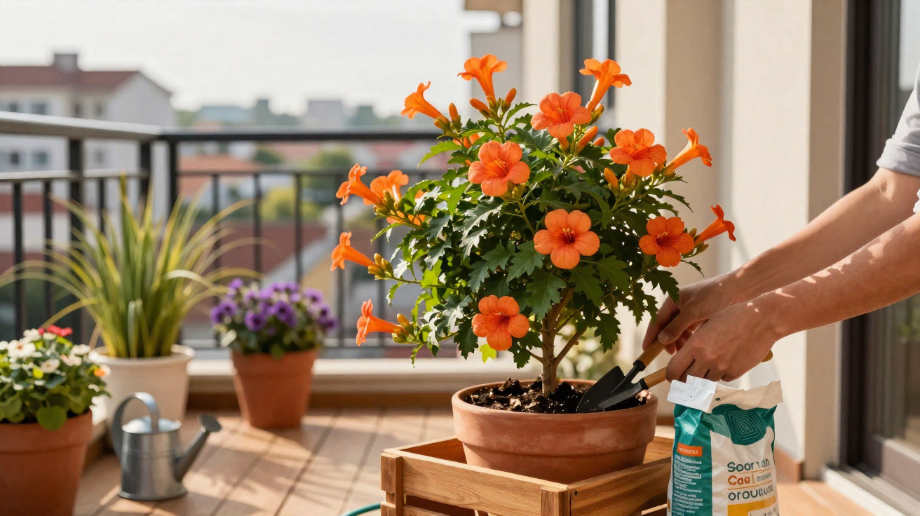 Person tending to a potted orange flowering plant on a balcony with other plants and gardening tools nearby.