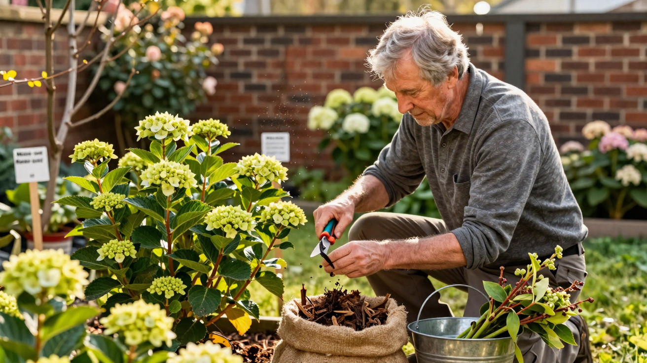 Elderly man pruning plants in a sunlit garden, surrounded by green foliage and flower bushes.