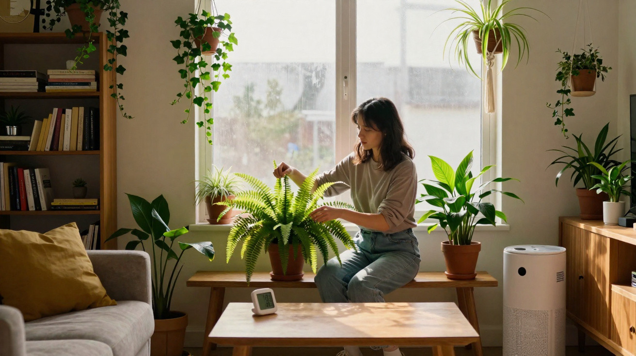 Woman tending to a fern on a bench surrounded by various potted houseplants in a sunlit living room.