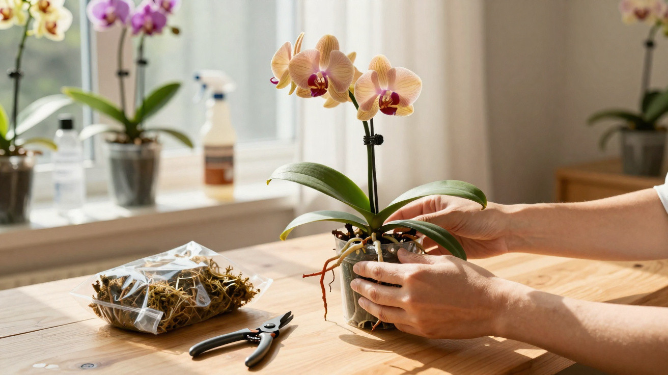 Hands holding a small orchid plant in a transparent pot on a wooden table with gardening tools nearby.