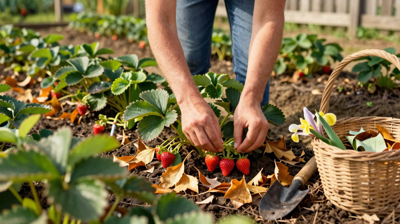 Hands harvesting ripe strawberries in a garden bed with a basket of spring flowers and a trowel nearby.