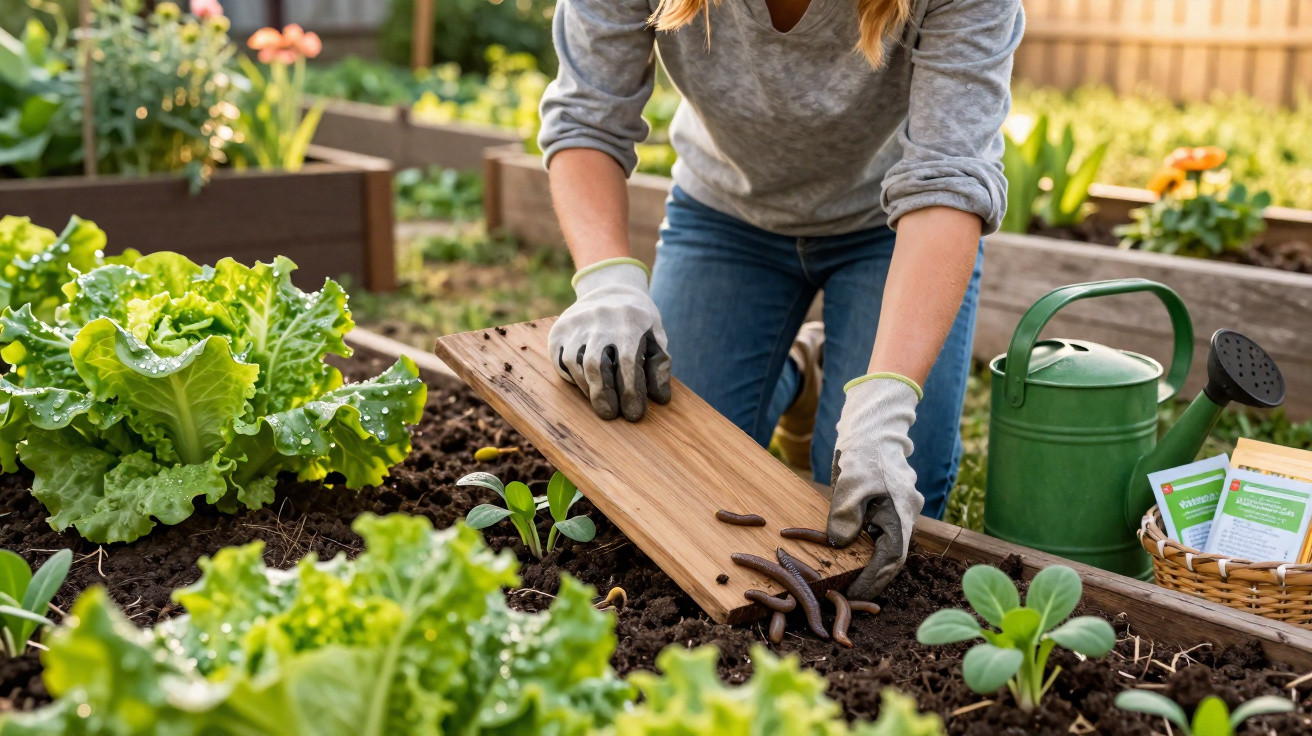 Person using a wooden board to move earthworms in a garden with lettuce and gardening tools nearby