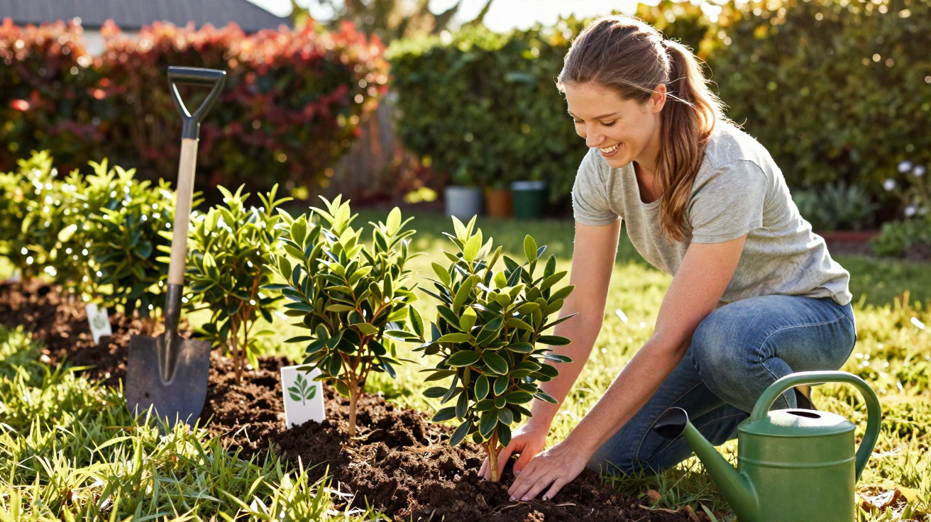 Woman planting young plants in a garden bed on a sunny day with a watering can and shovel nearby.