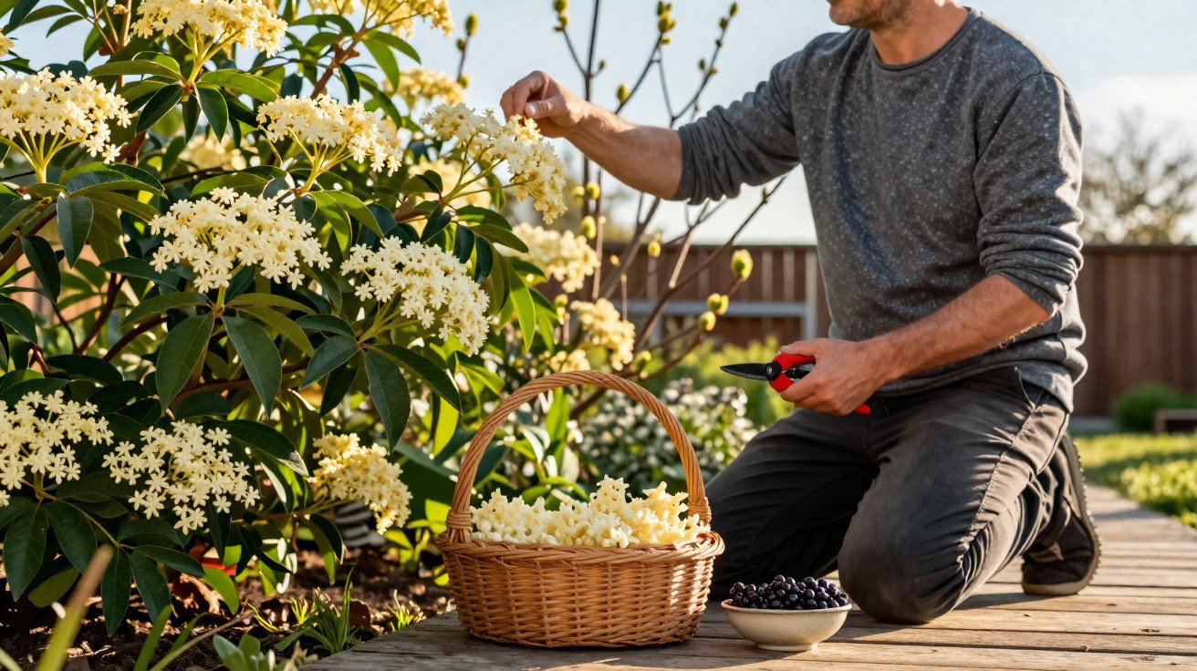 Person harvesting elderflowers into a wicker basket beside a small bowl of elderberries in a garden.